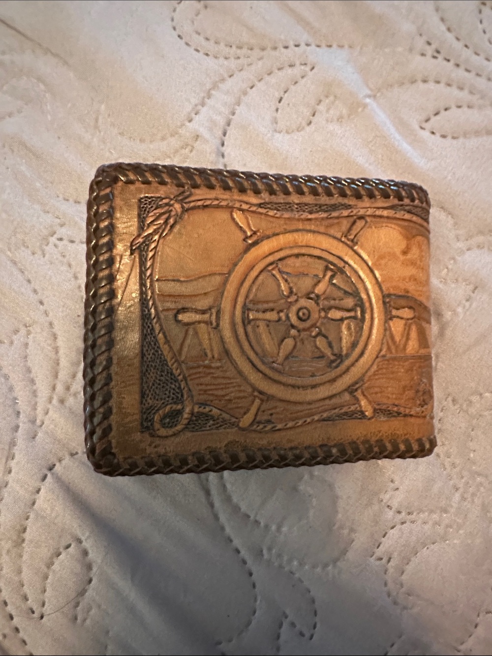 Brown Leather Hand Tooled wallet with Nautical Wheel Emboss